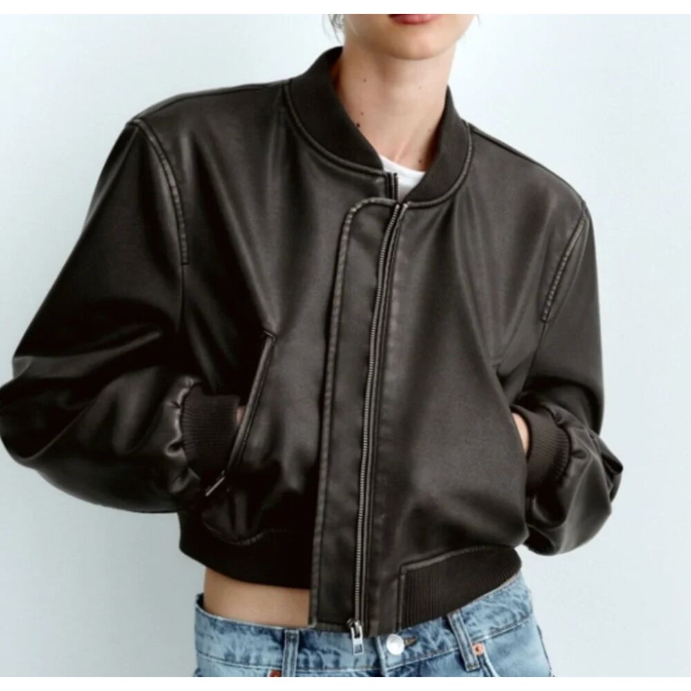ZARA Faux Leather Cropped Bomber Jacket Brown Medium